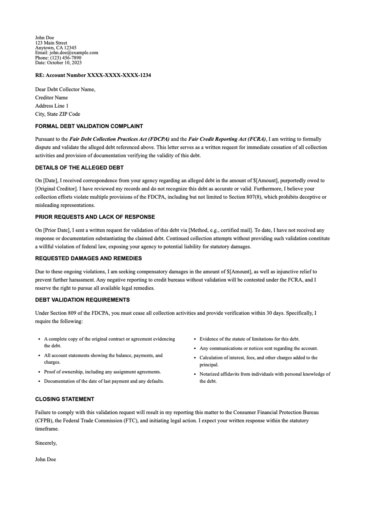 Formal debt validation complaint letter citing FDCPA FCRA violations_variant_2